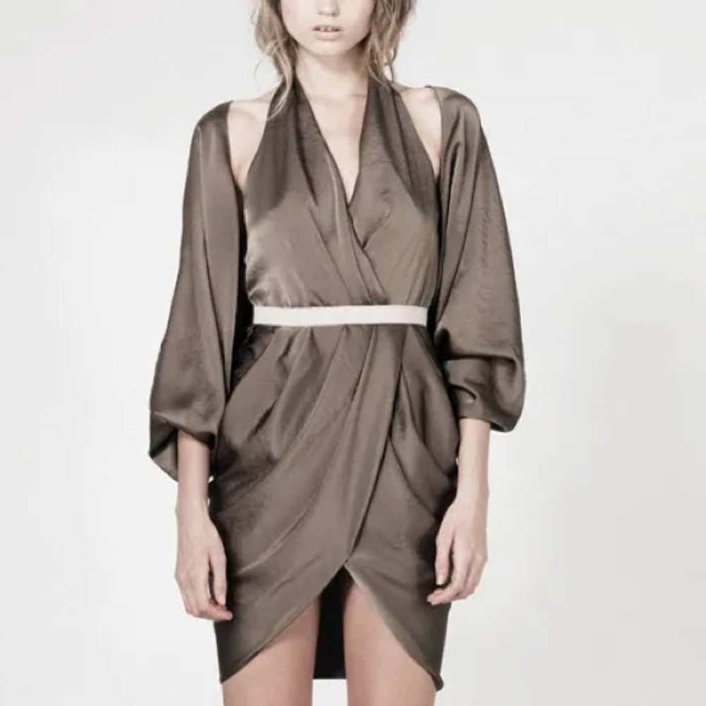 Alexander Wang Olive Green Batwing Satin Dress
